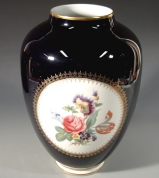 REICHENBACH grosse Deckelvase, Kobalt mit Blumen