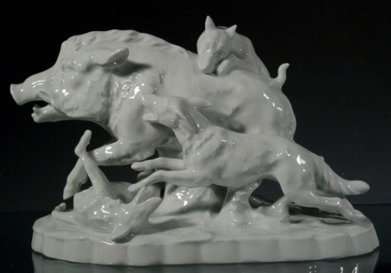 SITZENDORF Figur Sauhatz, Wildschweinjagd