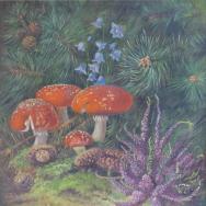 Hell, F.: Gemälde Wald Stilleben mit Fliegenpilzen, Heidekraut, Kiefernzapfen, Glockenblume