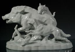 SITZENDORF Figur Sauhatz, Wildschweinjagd