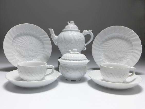 Tee-Set für 2 Personen, Meissen, Schwanendessin, weiß
