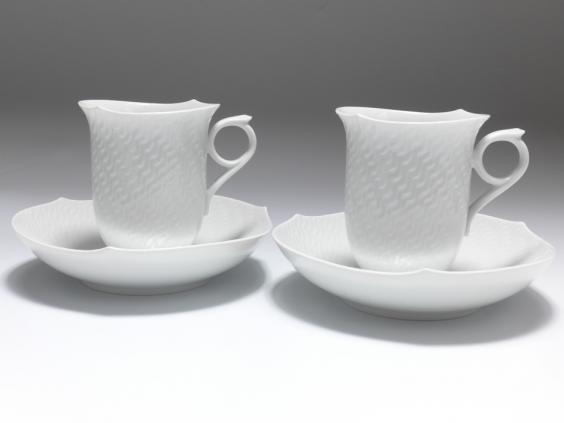 Kaffeetassen Set für 2 Personen, Meissen, Wellenspiel Relief weiß