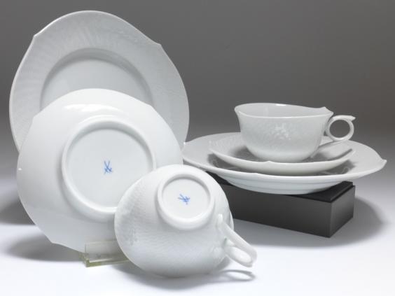 Teegedeck Set für 2 Personen, 6teilig, Meissen, Wellenspiel Relief weiß