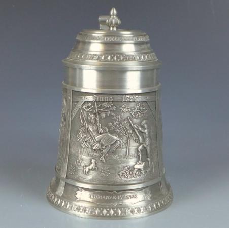 Bierkrug, Humpen, Krug, SKS Zinn, ländliche Szenen, H: 16 cm, 646 g