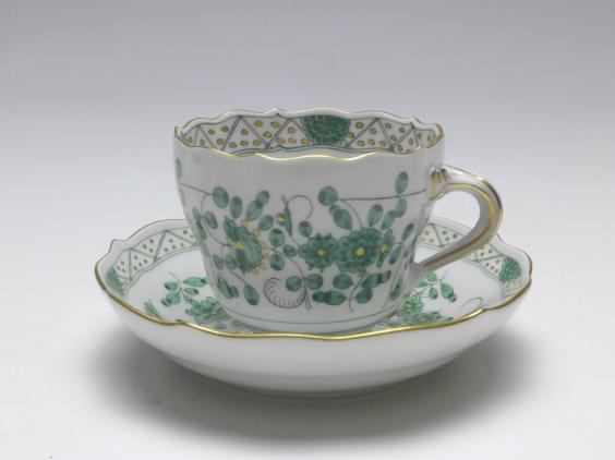 Mokkatasse kpl., Meissen, indisch grün reich, V 0,1 l.