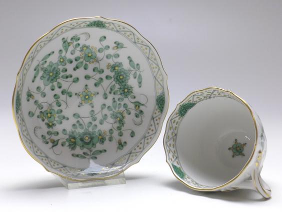 Mokkatasse kpl., Meissen, indisch grün reich, V 0,1 l.
