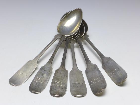 6x Löffel, Kumpe, Kassel, 19. Jh., Königsspaten, 800er Silber, 272 g