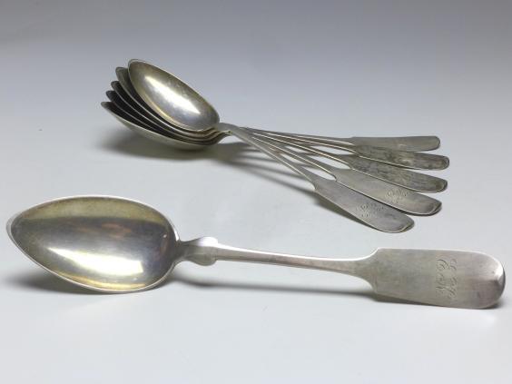 6x Löffel, Kumpe, Kassel, 19. Jh., Königsspaten, 800er Silber, 272 g