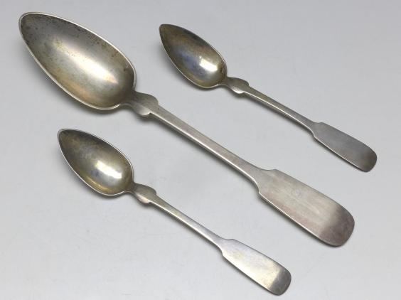 3x Löffel, Kempfe, Tiemann, 19. Jh., Königsspaten, 12-lötig, 87 g