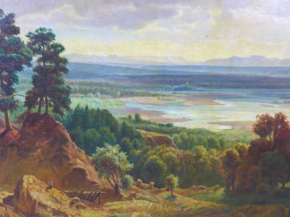 Gemälde: Isarbett bei München, nach Eduard Schleich, Öl/Leinwand, 109 x 135 cm