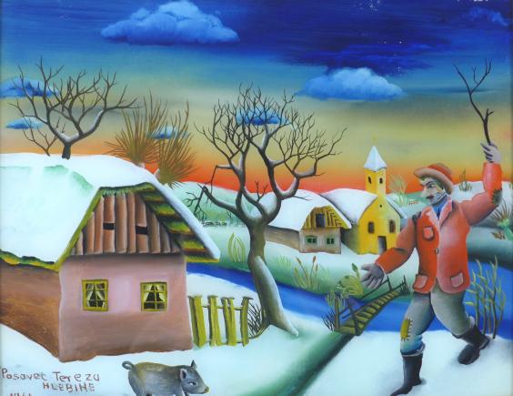 Tereza Posavec (-Dolenec), Naive Kunst, Gemälde Hinterglasmalerei Winterlandschaft, 35 x 46 cm
