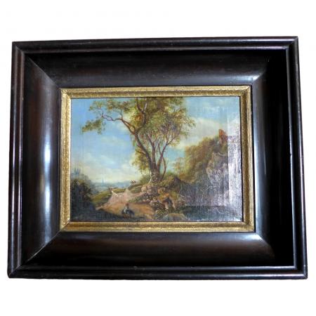 Pfarr. Rieger, 1843: Gemälde Landschaft mit Ruine, Tier und Personenstaffage, Öl/Leinwand