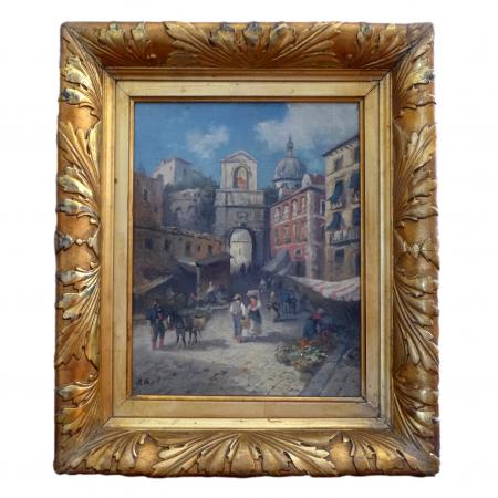 unbekannter Künstler, 19. Jh.: Gemälde Stadtansicht mit Markttreiben, Porta Capuana Napoli, Neapel, Öl/Leinwand