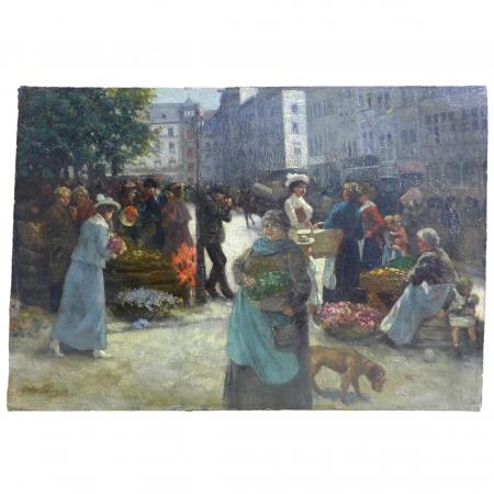 Otto Rüger: Gemälde Stadtansicht mit lebhaftem Markttreiben, Öl/Leinwand