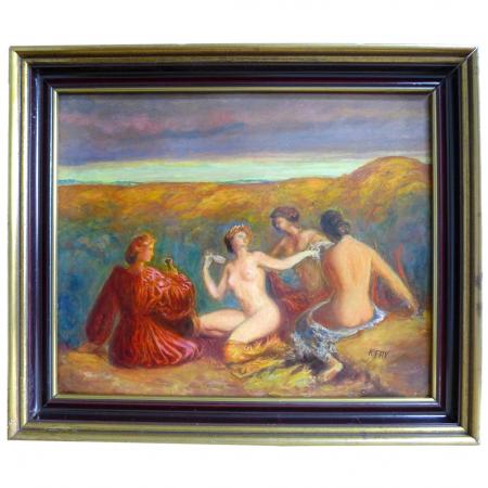 H. Fay: Gemälde 4 Damen, Öl / Platte