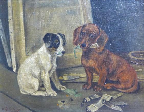 H. Sperling: Gemälde 2 Hunde im Atelier, Farbtuben zerbeissend
