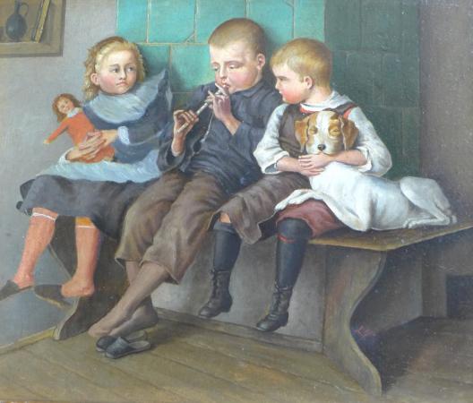 Monogrammist LT: Gemälde 3 Kinder mit Hund auf einer Holzbank am Ofen sitzend, dem Flötenspiel lauschend