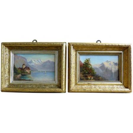 Paar Gemälde Landschaft mit See / Berglandschaft mit Hütte