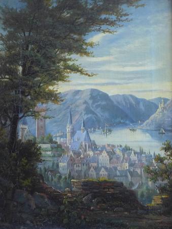 v. Molsberg (18)77: Gemälde Ansicht Stadt mit Kirche und Burg, dahinter Flußlauf mit Schiffen und weiterer Burg