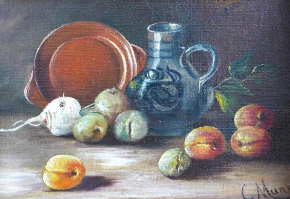 C. Mann: Gemälde Stilleben mit Henkelkrug, Schale, Rettich, Pfirsich und anderen Früchten