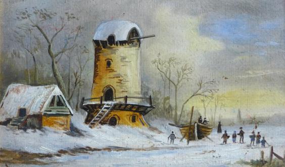 Gemälde Flußlandschaft mit Häusern und Personen, im Winter