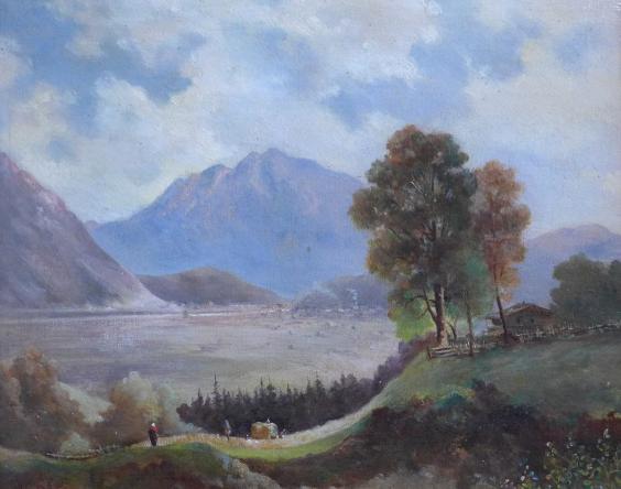 Jäkle, ..87?: Gemälde Landschaft mit Gehöft und Personen, im Hintergrund Berge