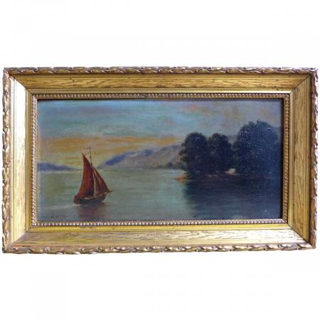 Monogrammist U. M. (19)02: Gemälde Segelboot auf See mit bergiger Uferlandschaft