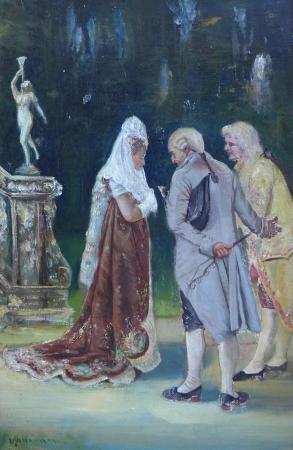 Gemälde Vorstellung der Braut, 2 Herren und eine Dame in herrschaftlichen Gewändern