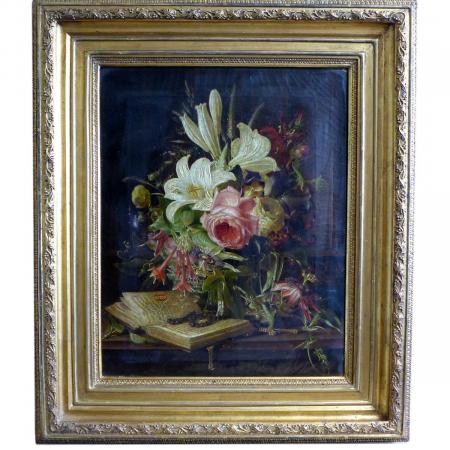 E. Michelis, 1849: Gemälde Blumenstilleben nach alter Manier mit Buch, Kette und Kreuz