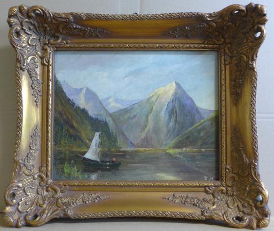Monogrammist B. M.: Gemälde Segelboot auf See in Berglandschaft