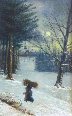 Fr. J. Gessert, 1898: Gemälde Winterlandschaft mit Reisigsammlerin, im Hintergrund Dorf