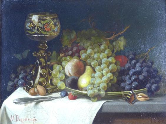 Doppelmayr, M.: Gemälde Stilleben mit Früchten und Glaskelch, Öl auf Holz, 25,5 x 33 cm