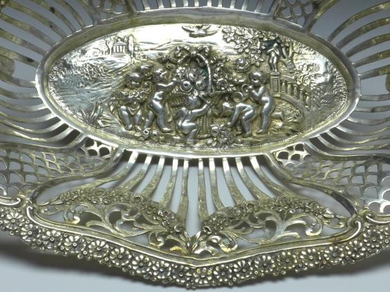 ovale hohe Schale, Obstschale, 800er Silber, 33,5 x 24 cm, 370 g