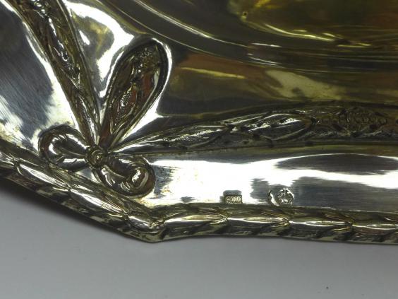 große prunkvolle Sauciere mit Unterschale, Historismus um 1890, 800er Silber, B: 27 cm, 613 g