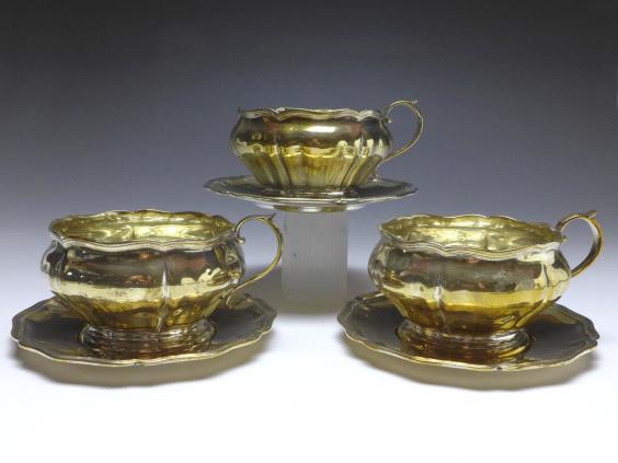 3x Teetasse kpl., Rozet & Fischmeister, Wien, 1872-1922, 800er Silber, 997 g