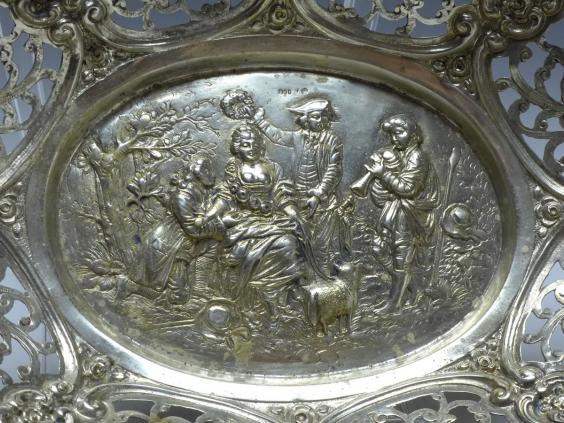 ovale Schale, Korb, Blumendekor und Durchbruchrand, 800er Silber, 5 x 26 x 20 cm, 223 g
