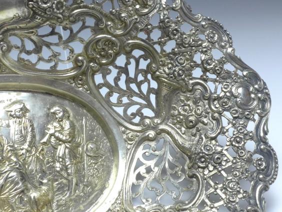ovale Schale, Korb, Blumendekor und Durchbruchrand, 800er Silber, 5 x 26 x 20 cm, 223 g
