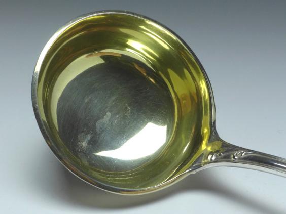 große Kelle, Suppenkelle, H. Meyen, Berlin, 800er Silber, L: 36 cm, 274 g