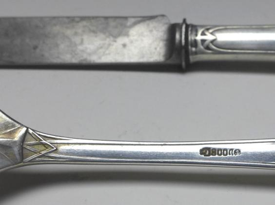 Besteck für Personen: 2x Messer, 2x Gabel, Franz Bahner, Düsseldorf, 800er Silber, Jugendstil