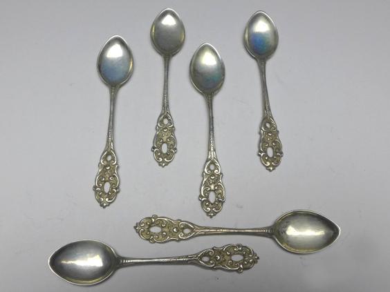6x Mokkalöffel, 800er Silber, florales Dekor mit Durchbruch, L: 9 cm