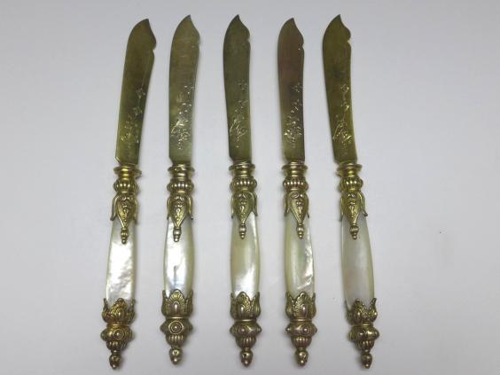 5x Obstmesser, 800er Silber vergoldet, 1872-1922, Wien, Österreich, L: 19 cm