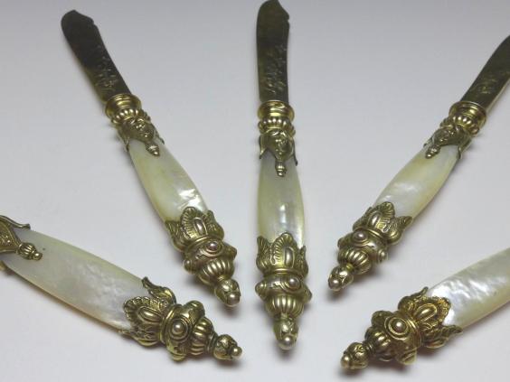 5x Obstmesser, 800er Silber vergoldet, 1872-1922, Wien, Österreich, L: 19 cm