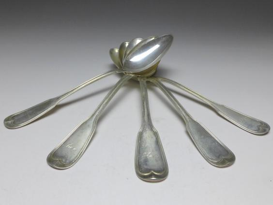 5x Suppenlöffel, Löffel, 800er Silber, Koch & Bergfeld, Raithel, Dekor Altfaden, L: 21,5 cm