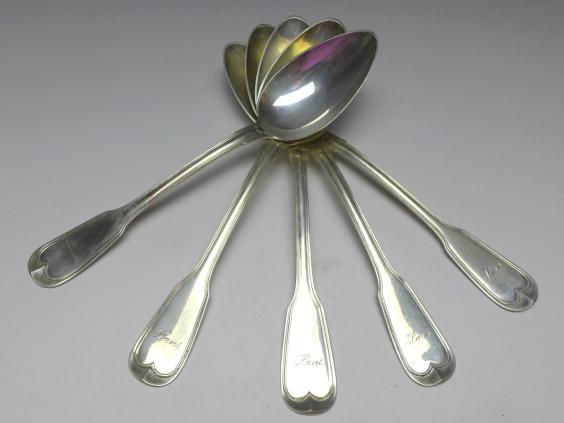 5x Suppenlöffel, Löffel, 800er Silber, Koch & Bergfeld, Raithel, Dekor Altfaden, L: 21,5 cm