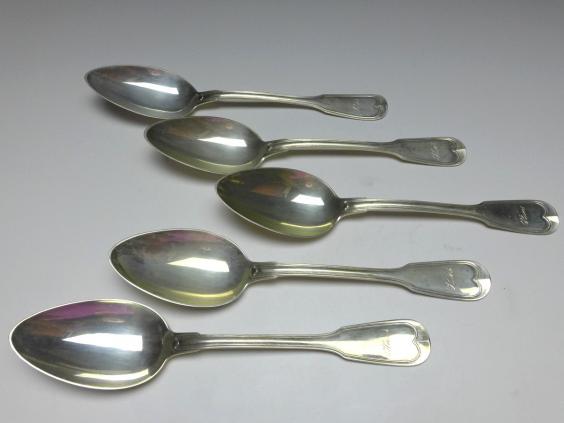 5x Suppenlöffel, Löffel, 800er Silber, Koch & Bergfeld, Raithel, Dekor Altfaden, L: 21,5 cm