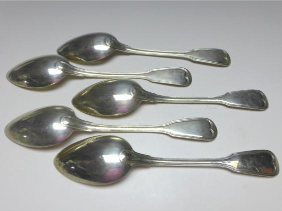 5x Suppenlöffel, Löffel, 800er Silber, Koch & Bergfeld, Raithel, Dekor Altfaden, L: 21,5 cm