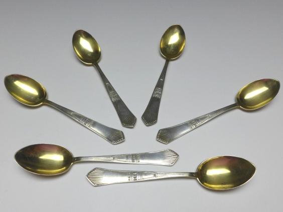 6x Mokkalöffel, Löffel, Wilhelm Binder, 800er Silber, vergoldet, L: 10,5 cm