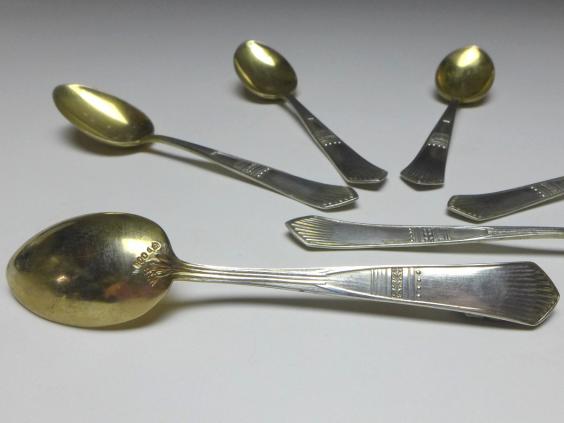 6x Mokkalöffel, Löffel, Wilhelm Binder, 800er Silber, vergoldet, L: 10,5 cm