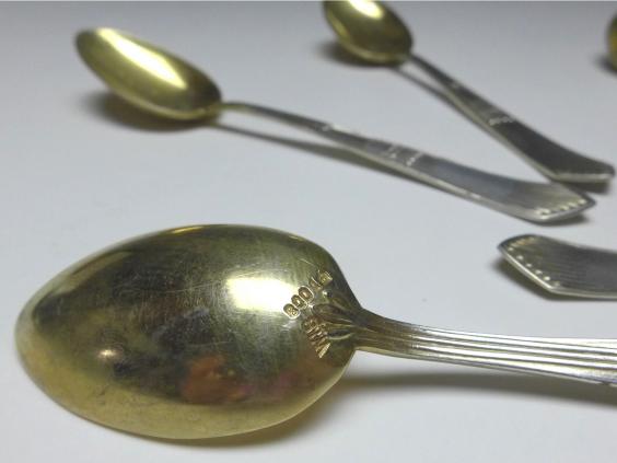 6x Mokkalöffel, Löffel, Wilhelm Binder, 800er Silber, vergoldet, L: 10,5 cm