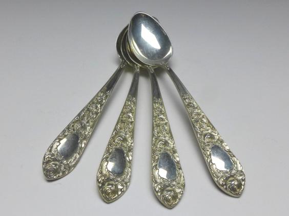 4x Teelöffel, Kaffeelöffel, Löffel, Dekor Rosen, 925er Sterling Silber, S. Kirk & Son, USA, L: 15 cm